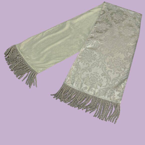 Elegant Soft Sage Green Damask Table Runner w/ Elephants Fringe 13" x 80" NWOT - Picture 1 of 7